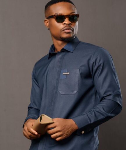 Deep Blue Long Sleeve Safari with Two-Tone Pocket and Collar Details